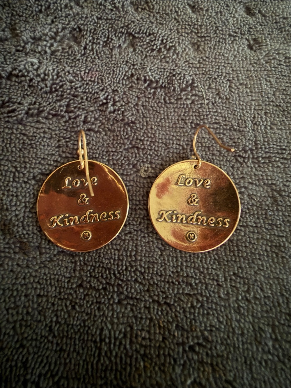 Katia Designs Gold 'Love & Kindness' Engraved Disc Drop Earrings